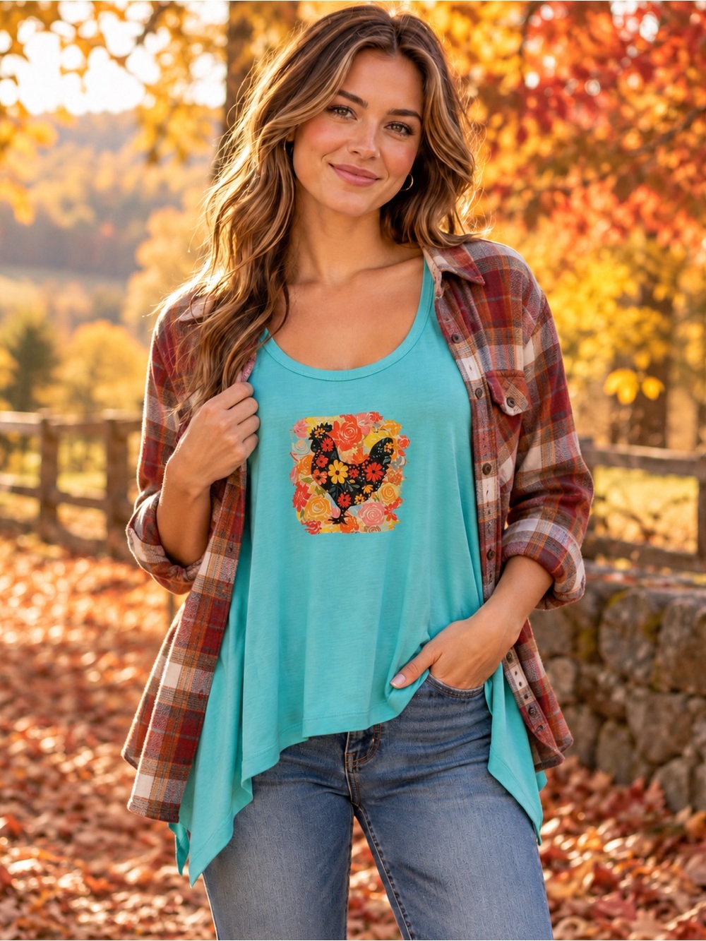 🆕 Custom Floral Rooster Shark Bite Tank Women’s S Oversized Aqua Fall Top